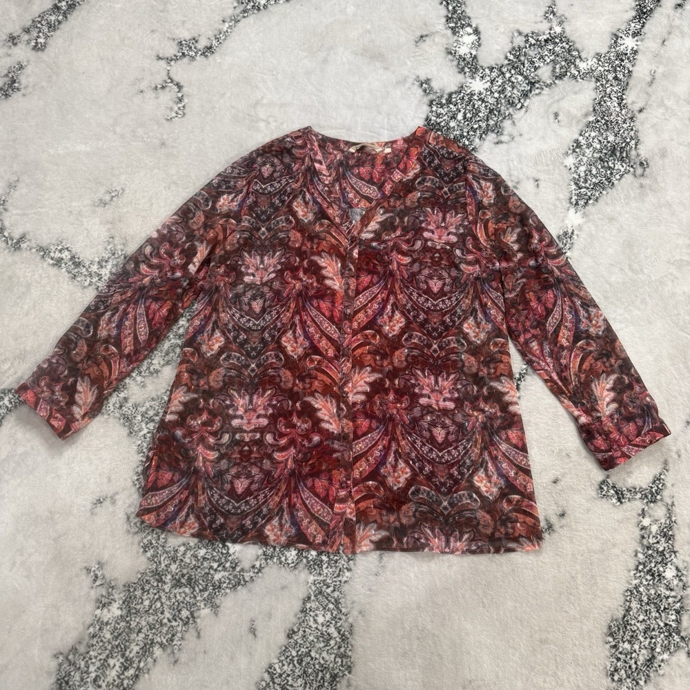 Soft Surroundings Mesh Knit Top Womens Paisley Baroque Print Stretch 3/4 Sleeve
